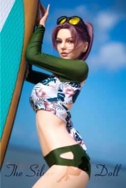 Amina con su tabla de surf en la playa