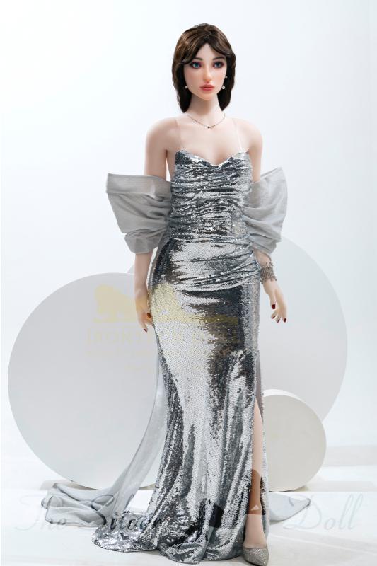 Gia in a long silver-color dress